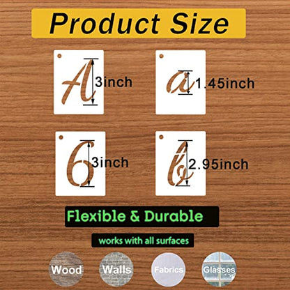 3 Inch Letter Stencils Kits, 66 Pcs Calligraphy Alphabet and Number Stencil for Painting on Wood, Reusable Plastic Art Craft Cursive Lettering Template Upper and Lower case - size: 3 Inch