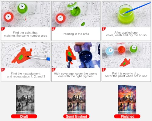TUMOVO Paint by Numbers for Adults Colorful Cityscape Adults' Paint by Number Kits Brooklyn Bridge Sunset Landscape Art Painting Kits with Brushes Oil Painting Art Crafts Framed 16x20 in - color: Artwork-08-F