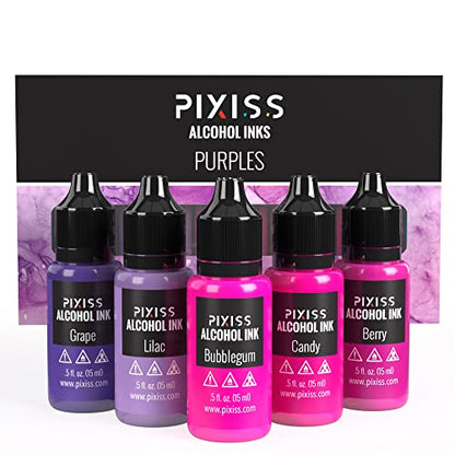 Pixiss Purple Alcohol Ink Set - 5 Shades of Highly Saturated Alcohol Ink for Epoxy Resin Supplies, Yupo Paper, Tumblers, Coasters - Resin Colorant for Epoxy Resin and Resin Art Supplies - color: Purples
