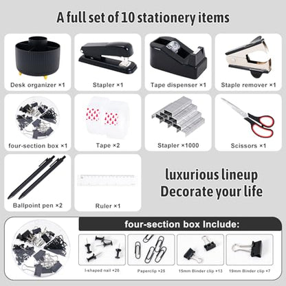 Gawsey Black Desk Organizers and Accessories with Desk Organizer 360° Rotating Pen Holder and Office Supplies, Cute Stationery Supplies Set - color: A Black