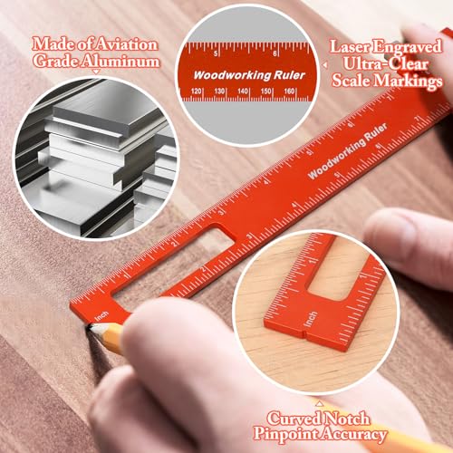 Woodworking Ruler Set 3PCS(6/8/12-Inch) - Precision Aluminum Pocket Rulers with Dual Inch & Metric Scales | T-Type Scribing & Square Edge for Marking