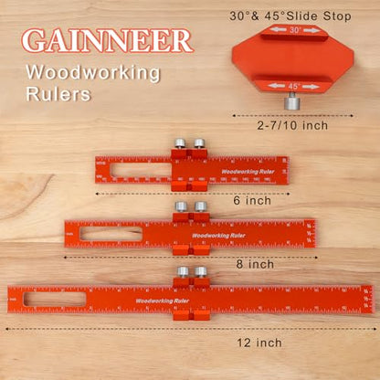Woodworking Ruler Set 3PCS(6/8/12-Inch) - Precision Aluminum Pocket Rulers with Dual Inch & Metric Scales | T-Type Scribing & Square Edge for Marking