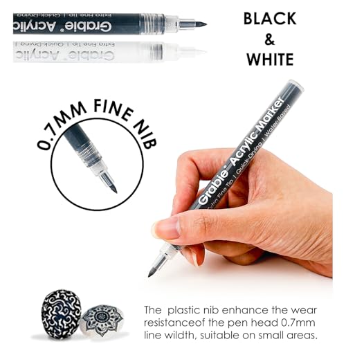 Grabie 6 Pack of Black & White Acrylic Paint Markers, 0.7 mm Extra Fine Tip | Extra Fine Tip, Quick Drying, Waterproof And Fade Resistant, Fine Details And Highlights, Rock Glass Wood Canvas Ceramic - color: Black, White
