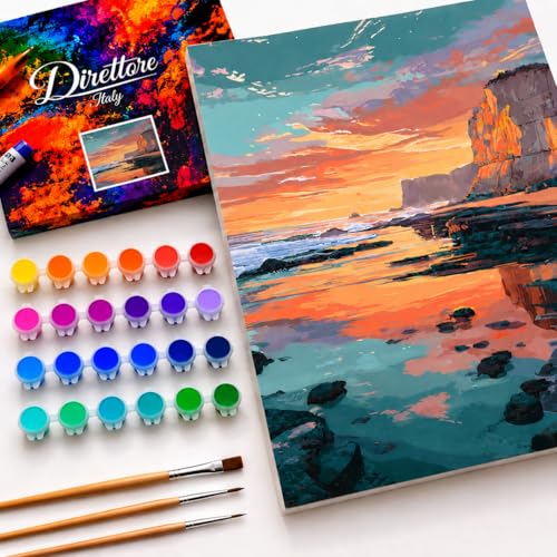 Direttore Italy Paint by Numbers Kit for Adults, Ocean Sunset Beach Scene, DIY Acrylic Painting Set on 16x20 Inch Framed Canvas, 24 Paints and 3 Brushes, Coastal Wall Art Decor for Beginners - color: Ocean Sunset