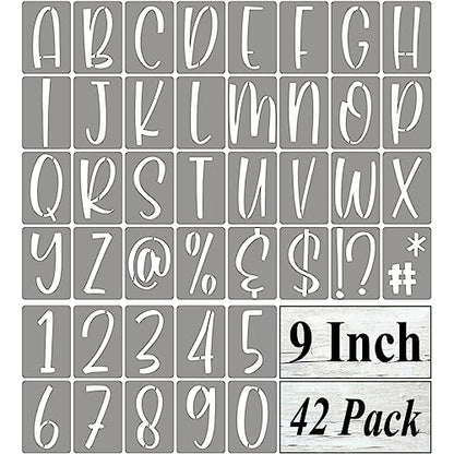 9 Inch Alphabet Letter Stencils for Painting - 42 Pack Letter and Number Stencil Templates with Signs for Painting on Wood, Reusable Letters and Numbers Stencils for Chalkboard Wood Signs & Wall Art - size: 9 Inch