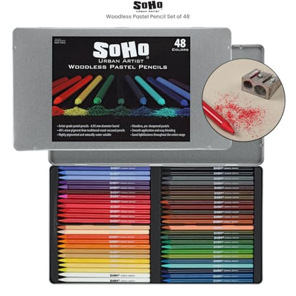 Soho Urban Artist Woodless Pastel Pencils - 5 Packs of 48, 240 Total, Professional Artist-Grade, 40% More Pastel, Water-Soluble, Pre-Sharpened, Easy Blending, 6.93mm Barrel, Clear Lacquered - size: 1 Count (Pack of 5)