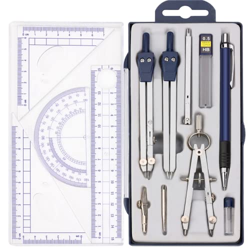 13 Pieces Geometry Set Compass Geometry Tools Math Compass and Protractors Metal Precision Drafting Kit with Storage Box Rulers Pencils Technical Drawing, Engineering & Architecture - color: Blue