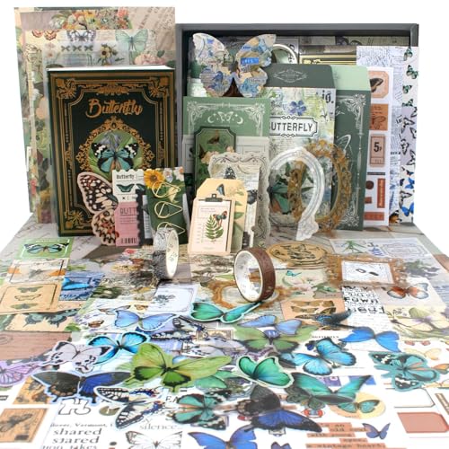 Diuhofart Scrapbook Kits for Adults Women, Aesthetic Stationery Scrap Booking Supples Kit with A6 Grid Notebook for Junk Journal Supplies, DIY Paper Craft Art Materials - color: Green Kit Butterfly