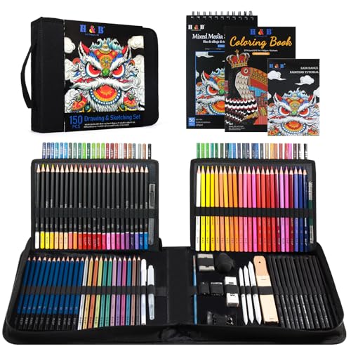 H & B 150PCS Drawing Pencils Set with Portable Zipper Bag – Professional Sketching & Art Supplies Kit with Sketchpad and Colored Pencils for Adults & Artists - size: 1 Count (Pack of 150)