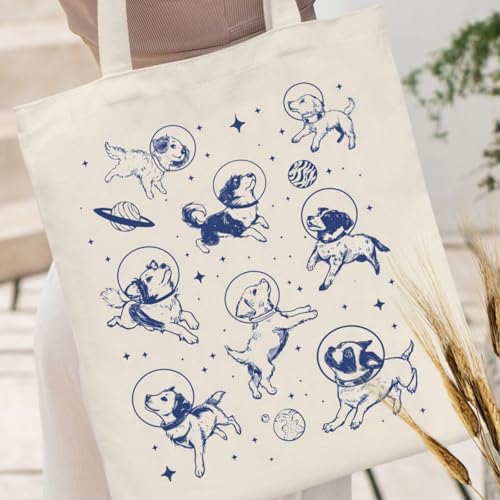 Canvas Aesthetic Tote Bag for Women with Inner Pocket Totes Shoulder Book Bag Shopping Reusable Grocery Bags - color: Dogs in Space