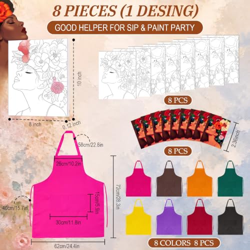 Cholemy 8 Set Paint and Sip Kit for Adults 8'' x 10'' Pre Drawn Canvas with Wooden Easels Acrylic Paint Brushes Wash Cup Palette Apron for Painting DIY Date Night Party Supplies(Artistic Woman) - style: Artistic Woman