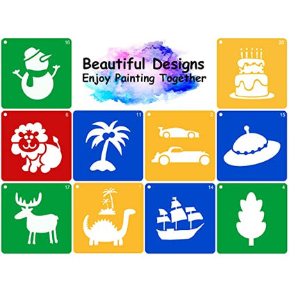 20 Pcs Stencils for Kids Stencil for Painting 8" Chalk Stencils Kids Style | Large Reusable Shape Template with 5 Pcs Scratch Paper, Sidewalk Chalk Stencil Ideal for Kids Outside Crafts Painting Drawing