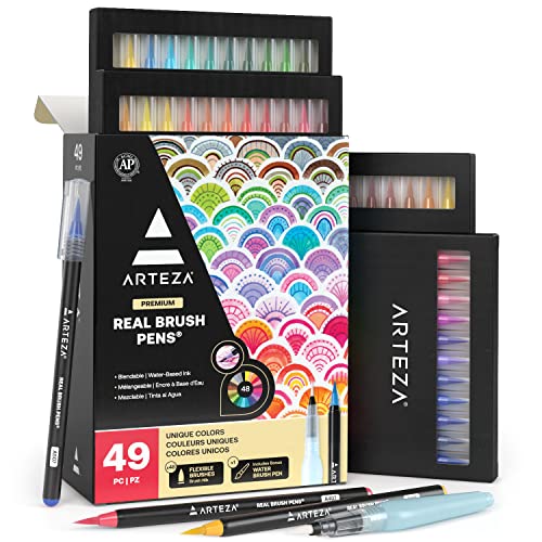ARTEZA Real Brush Pens, 48 Colors, Watercolor Pens and Drawing Markers with Flexible Nylon Tips, Bonus Water Brush for Coloring, Sketching, Lettering and Art Journaling - size: 49