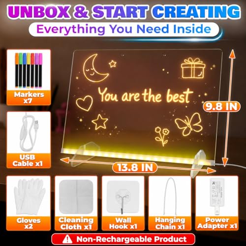 LED Drawing Board with 7 Colors & 4 Light Modes, Non-Rechargeable - 17 Inch Acrylic LED Note Board with Colors Markers for Notes, Doodles & Desk Decor - Dimmable, Wall or Desk Mount, Birthday Gift Set - style: Clear