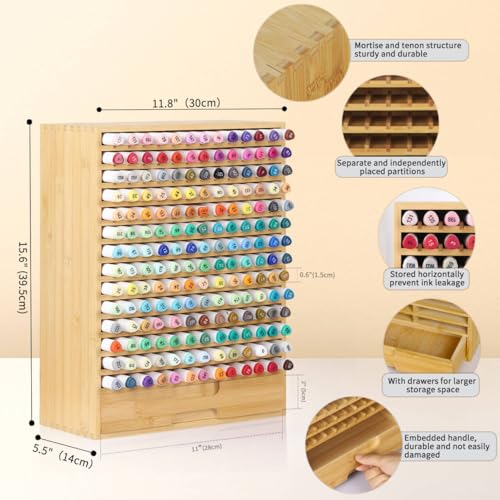 AUTOARK Natural Bamboo Marker Organizer with Drawer, AHK-065 | 182 Slots - size: 182 Markers