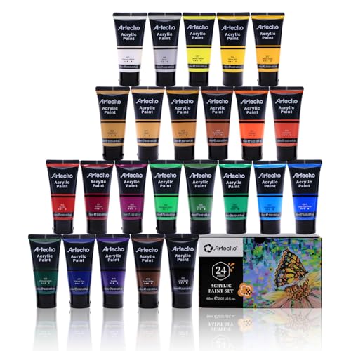 Artecho 24 PCS Paint Brushes & Professional Acrylic Paint Set, 24 Basic Colors Tubes (60ml / 2.02oz)