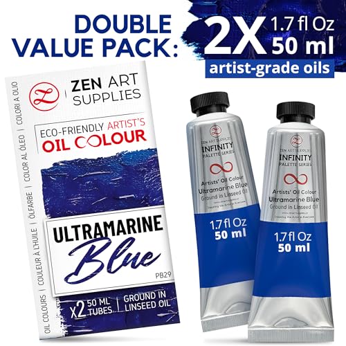 ZenART Professional Oil Paint Set - Artist Grade Ultramarine Blue - 2x50ml | Non-Toxic, Buttery Consistency, Rich Pigment, Lightfast Oil Paints for Primed Surface Canvas, Fine Art, Portraits & Landscape - color: Ultramarine Blue