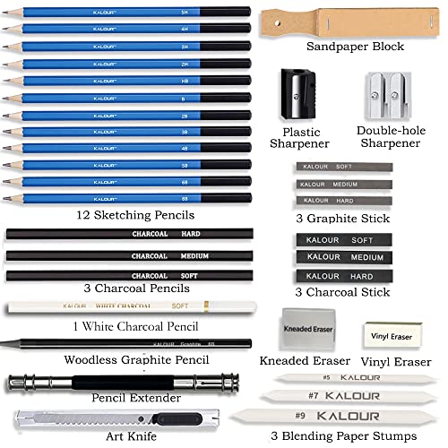 KALOUR 33 Pro Drawing Kit Sketching Pencils Set,Portable Zippered Travel Case-Charcoal Pencils, Sketch Pencils, Charcoal Stick,Sharpener,Eraser.Art Supplies for Artists Beginner Adults Teens