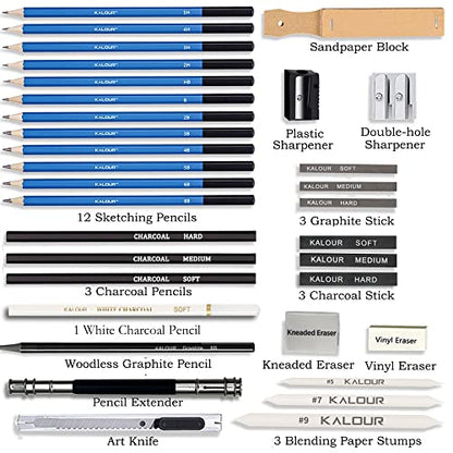 KALOUR 33 Pro Drawing Kit Sketching Pencils Set,Portable Zippered Travel Case-Charcoal Pencils, Sketch Pencils, Charcoal Stick,Sharpener,Eraser.Art Supplies for Artists Beginner Adults Teens