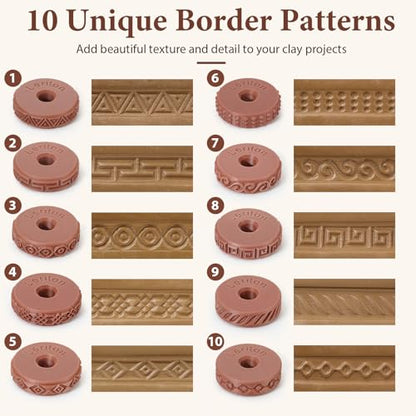 Leriton 11 Pcs Clay Texture Roller with Handle, 10 Patterns Texture Rollers for Clay, Pottery, Ceramics, 3D-Printed Polymer Tools for Home Decor DIY, Miniatures, Tabletop (Classic Style)