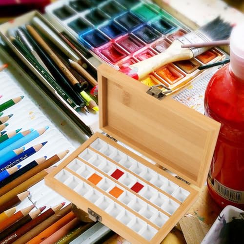 Watercolor Paint Palette Set 36 Empty Half Pans 4x6 Inch Wooden Travel Box Case for Acrylic Gouache Painting Amateur Hobbyists Painting Artists Lovers Back to School Supplies