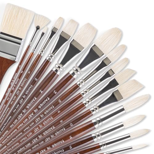 Falling in Art 15 Pcs Professional Oil Paint Brush Set, Natural Hog Bristle - color: Brown