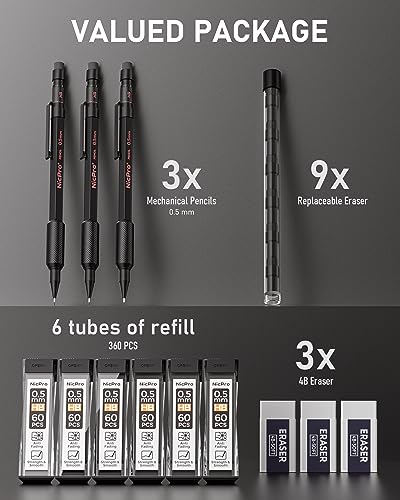 Nicpro 0.5 mm Mechanical Pencil Set with Case, 3PCS Metal Pencils | MP2000 Heavy Duty Lead Pencil + 6 Tube HB Lead Refill, Eraser, Weatherproof Metal Barrel for Outdoor Writing Drafting Drawing - size: 0.5mm