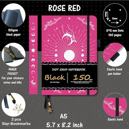 BUKE Dotted Journal - 150gsm Black Paper - 5 * 5mm DOT GRID Layout 160 Pages - A5 Size PU Leather Hardcover Drawing Sketch Notebook (Rose Red) - color: Rose Red