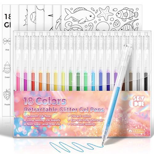 SKYDUE Glitter Gel Pens Set of 18 Colors | Sparkle Fine Point Pens, Non-Toxic, Ideal for Adult Coloring Books, Drawing, Journaling, Scrapbooking & DIY Crafts