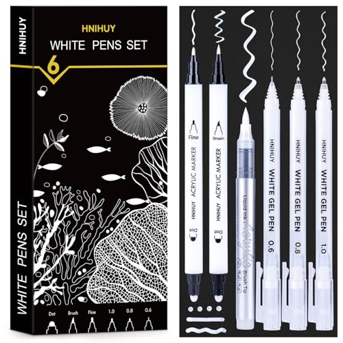 HNIHUY White Ink Pens, White Gel Pens, Brush Tip Acrylic Markers | Dual-Tip Opaque White Paint Pens for Black Paper Drawing, Sketching, Illustration, Card Making, 6 Pack