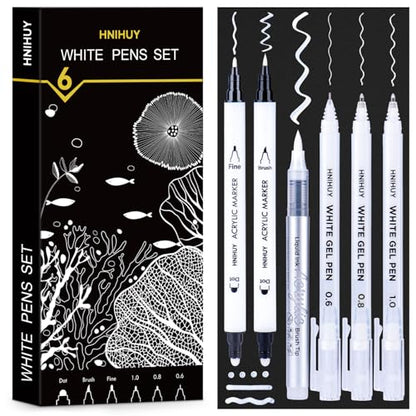 HNIHUY White Ink Pens, White Gel Pens, Brush Tip Acrylic Markers | Dual-Tip Opaque White Paint Pens for Black Paper Drawing, Sketching, Illustration, Card Making, 6 Pack