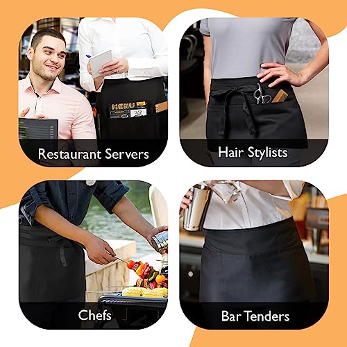 Avalon Kitchen Server Aprons with 3 Pockets – 100% Polyester Waist Apron, 24x12 Inch Half Apron, Waitress Apron for Servers - color: Black, style: Pack of 12