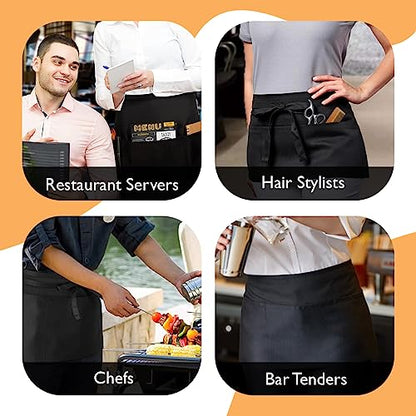 Avalon Kitchen Server Aprons with 3 Pockets – 100% Polyester Waist Apron, 24x12 Inch Half Apron, Waitress Apron for Servers - color: Black, style: Pack of 1
