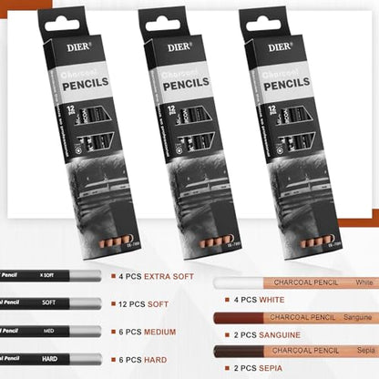 Geyoga 36 Pcs Charcoal Drawing Set Black White Brown Charcoal Pencils for Sketching, Shading, Blending, Portrait, for Beginners & Artists