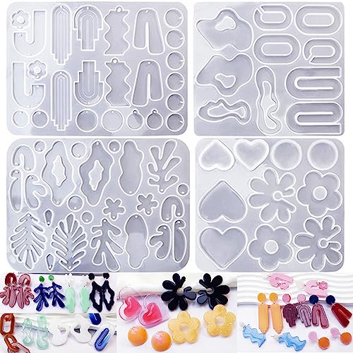 Resin Earring Molds, Set of 4 Style Silicone Earring Molds | Variety Shape Silicone Pendant Molds for Epoxy Resin Casting, UV Resin Jewelry, DIY Earring, Keychain Crafting Gift - color: 4PCS Resin Jewelry Molds