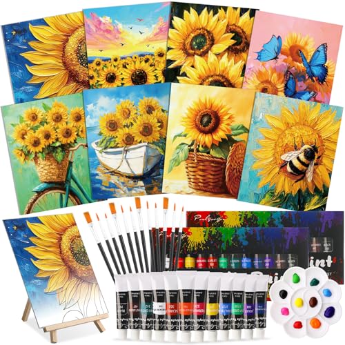 Cholemy 36 Pcs Paint and Sip Kit Gift for Adults 8''x10'',Sunflower | Pre Drawn Canvas, Painting DIY Afro Acrylic Painting Kit, Wood Easel Brushes, Date Night Bulk, Summer Halloween Party - style: Sunflower