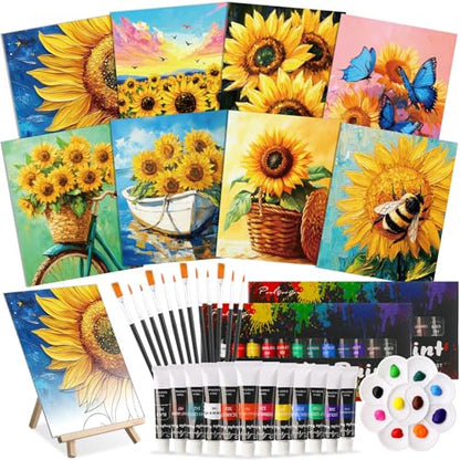 Cholemy 36 Pcs Paint and Sip Kit Gift for Adults 8''x10'',Sunflower | Pre Drawn Canvas, Painting DIY Afro Acrylic Painting Kit, Wood Easel Brushes, Date Night Bulk, Summer Halloween Party - style: Sunflower