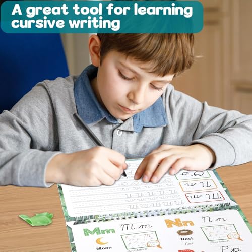 gisgfim Grooved Cursive Handwriting Workbook Magic Reusable Grooved Cursive Handwriting Practice Guided Tracing with Disappearing Ink Pens for Beginners Kids Learning Activities Supplies (Letters) - style: Alphabet