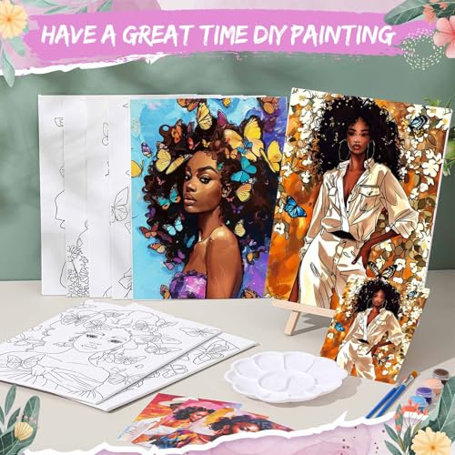 Tenceur 16 Sets Pre Drawn Canvas to Paint for Sip and Paint Party, 8 x 10 Inch Preprinted Framed Pre Sketched Coloring Canvas with Easels and Brushes for Adults Party Supplies(Black Girl) - style: Black Girl