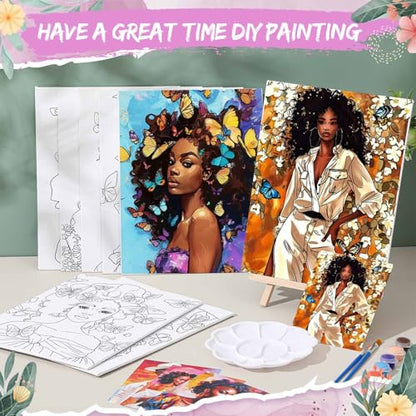 Tenceur 16 Sets Pre Drawn Canvas to Paint for Sip and Paint Party, 8 x 10 Inch Preprinted Framed Pre Sketched Coloring Canvas with Easels and Brushes for Adults Party Supplies(Black Girl) - style: Black Girl