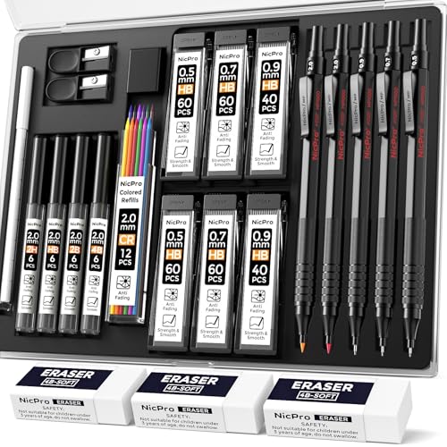 Nicpro 22PCS Art Mechanical Pencil Set， Metal Drawing Sketching With Eraser - color: Black, style: 0.5 0.7 0.9 2.0