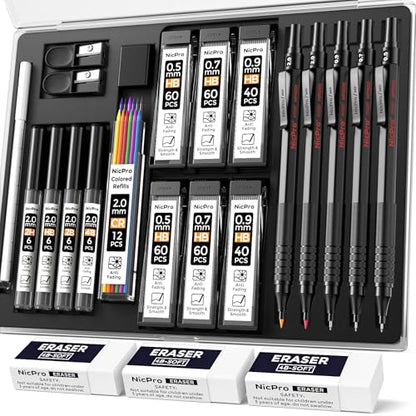 Nicpro 22PCS Art Mechanical Pencil Set， Metal Drawing Sketching With Eraser - color: Black, style: 0.5 0.7 0.9 2.0