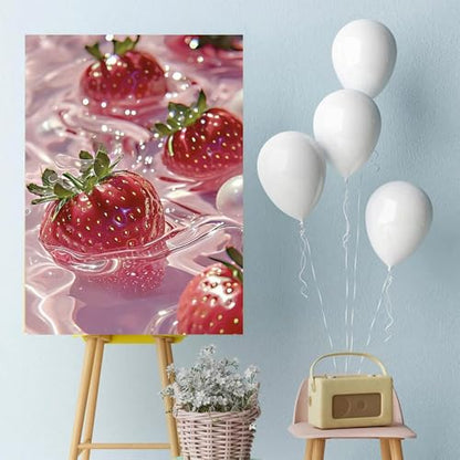 Pink Diamond Art Painting Kits for Adults Fruit, Strawberry Full Drill Diamond Dots Paintings for Beginners, Round 5D Paint with Diamonds Pictures Gem Art Painting Kits DIY Crafts Kits 12X16 In - color: 26-66 Fruit