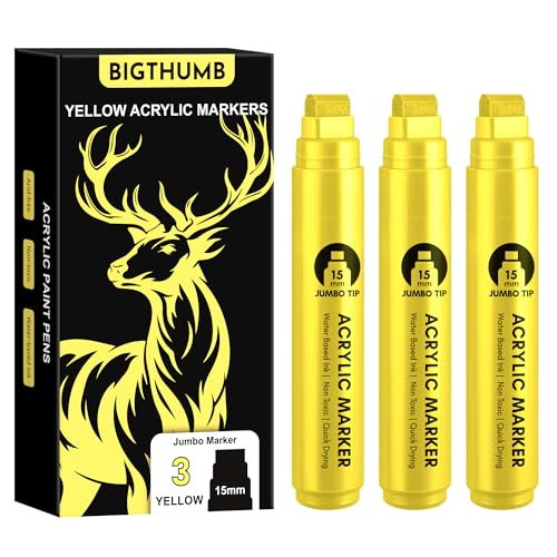 BIGTHUMB 3 Pcs Yellow Jumbo Permanent Markers: 15mm Wide Tip Thick Acrylic Paint Pen Large Calligraphy Marker for Rock Painting, Poster, Sign, Canvas, Glass, Wood, Ceramic - color: Yellow