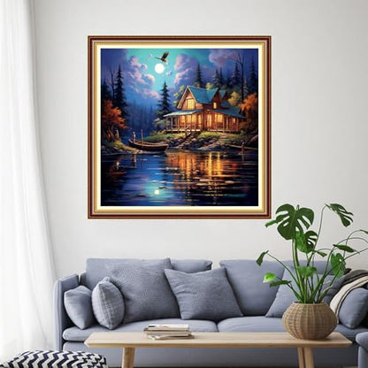 Funchey Stamped Cross Stitch Kits, DIY Cross Stitch Pattern for Adults Beginners Needlepoint Kits Embroidery Kit Arts and Crafts 11CT- Night View by the Lake 18x18 inch - color: Handicraft patterns12