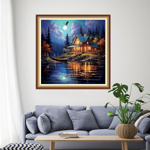 Funchey Stamped Cross Stitch Kits, DIY Cross Stitch Pattern for Adults Beginners Needlepoint Kits Embroidery Kit Arts and Crafts 11CT- Night View by the Lake 18x18 inch - color: Handicraft patterns12