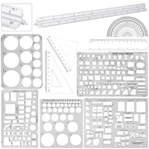 Zonon 10 Pcs Plastic Drawing Template Ruler Geometric Drawing 12 Inch Triangular Aluminum Architect Scale Measuring Templates Building Geometric Kit Plastic Ruler for Drafting (Classic,Clear) - color: Clear, style: Classic