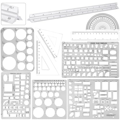 Zonon 10 Pcs Plastic Drawing Template Ruler Geometric Drawing 12 Inch Triangular Aluminum Architect Scale Measuring Templates Building Geometric Kit Plastic Ruler for Drafting (Classic,Clear) - color: Clear, style: Classic