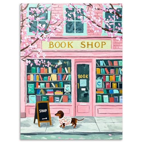 Book Shop Diamond Art Kits for Adults Beginners 12x16 in, DIY Craft Gift | Dachshund Diamond Painting Kits for Adults, Stress Relief, Home Wall Decor, 5D Full Round Drill Gem Art - color: DP-US08