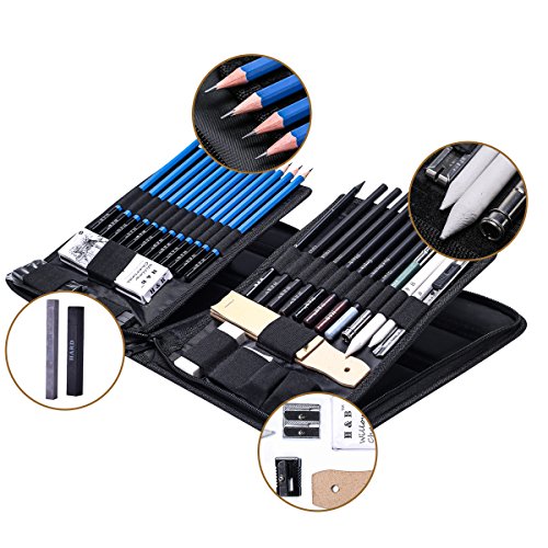 H & B 40 Piece Professional Sketch Pencil Drawing Kit,Complete Artist Kit, Including Graphite Pencils, Pastels, Sharpener and Eraser - size: 40 Piece Set